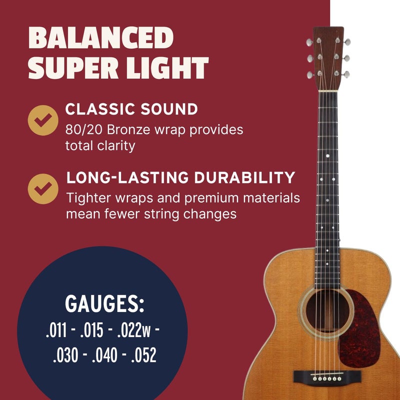 Stringjoy Balanced Super Light Gauge Brights 80/20 Bronze Acoustic Guitar Strings 11-52, BB1152, Vibrant Tone & Optimal Playability, Acoustic 6 String Set - Image 4